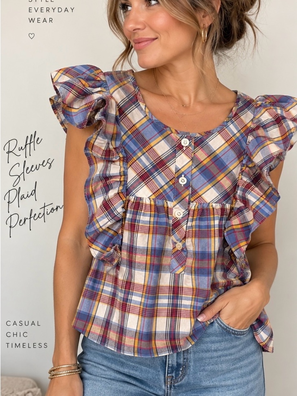 J.Crew Plaid Ruffle Sleeve Peplum Button Front Top Size 00 Cotton